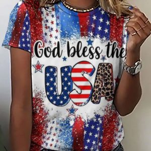Women's Flag 4th Of July Crew Neck Loose Casual T-Shirt, T-shirts, Lilicloth.com