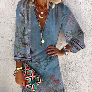 Floral Boho V Neck Loose Dress, Dresses, color:Purple|size:XXL, JustFashionNow