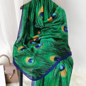 Turquoise Peacock Feather Graphic Tulle Silk Scarf Shawl, Women Scarves & Shawls, color:Green|size:One-size, JustFashionNow