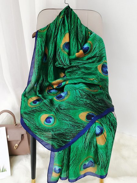 Turquoise Peacock Feather Graphic Tulle Silk Scarf Shawl, Women Scarves & Shawls, color:Green|size:One-size, JustFashionNow
