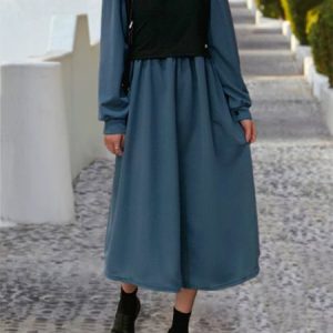 Women Color Block Long Sleeve Comfy Casual Maxi Dress, Midi, color:Blue|size:3XL, Noracora