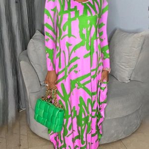 Pocket Stitching Urban Abstract Stripes Loose Crew Neck Dress, Maxi Dresses, color:Pink|size:XXL, Stylewe
