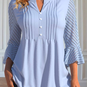 Loose Casual Lace V Neck Shirt, Shirts & Blouses, color:Light Blue|size:XXL, JustFashionNow