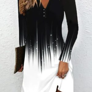 Notched Casual Black And White Colorblock Dress, Dresses, color:Black-white|size:XXL, JustFashionNow