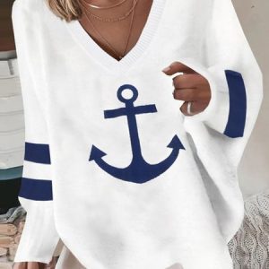 Plus Size V Neck Casual Anchor Loose Sweatshirt, TOPS, color:White|size:4X, Noracora