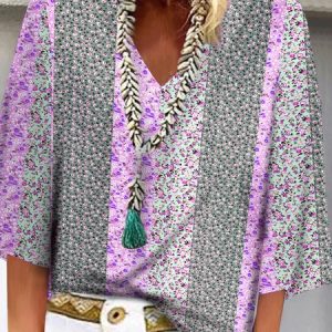 Floral Printing Casual Loose Blouse, Blouses, color:Purple|size:XXL, Noracora
