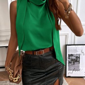 Daily Others Satin Plain Elegant Blouse, Blouses and Shirts, color:Green|size:XXL, Stylewe