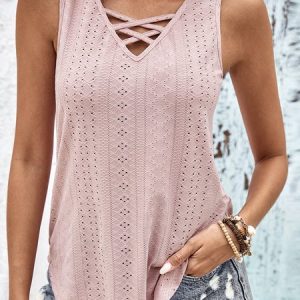 Women's Fashion Breathable Crossover Design Jacquard Top T-Shirt, Shirts & Blouses, color:Pink|size:XXL, JustFashionNow