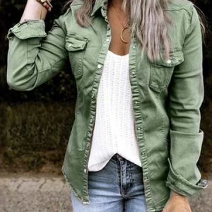 Shirt Collar Long Sleeve Plain Regular Medium Elasticity Regular Fit Jacket For Women, Jackets, color:Army Green|size:XXL, Noracora