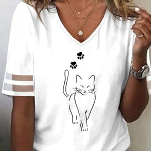 V Neck Casual Loose Cat T-Shirt, T-Shirts, color:White|size:XXL, JustFashionNow