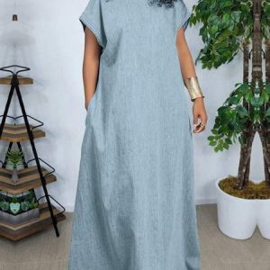 Plus Size Denim Vacation Plain Crew Neck Dress, Plus Dresses, color:Light Blue|size:4X, Stylewe