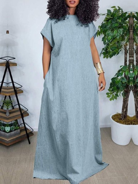 Plus Size Denim Vacation Plain Crew Neck Dress, Plus Dresses, color:Light Blue|size:4X, Stylewe
