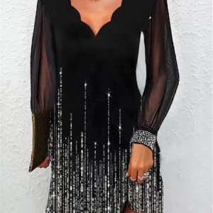 Women Plain V Neck Long Sleeve Comfy Casual Midi Dress, Midi, color:Black|size:3XL, Noracora