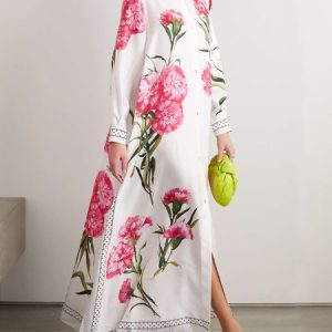 Floral Print Loose Shirt Collar Vacation Dress, Maxi Dresses, color:White|size:XXL, Stylewe