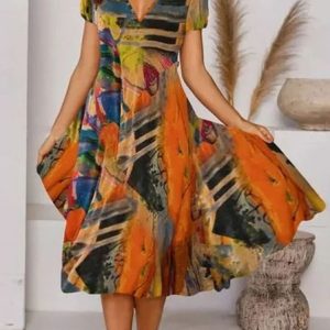 Plus Size V Neck Abstract Casual Loose Dress, DRESSES, color:Orange|size:4X, Noracora