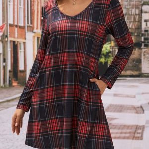 Christmas Check Print V-Neck Loose Dress, T-Shirts, color:Green|size:XXL, JustFashionNow
