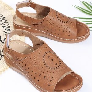 JFN Ethnic Pattern Punched Hollow Velcro Vintage Sandals, Sandals, color:Khaki|size:US 10, JustFashionNow