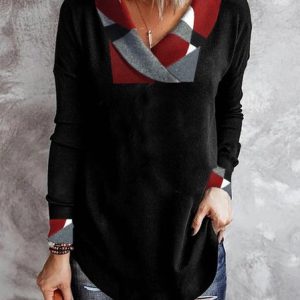 Casual Cross Neck Color Block Top, Shirts & Blouses, color:Black|size:XXL, JustFashionNow