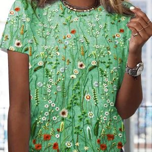 Jersey Floral Printed Casual Crew Neck T-Shirt, JustFashionNow T-Shirts, color:Green|size:3XL,