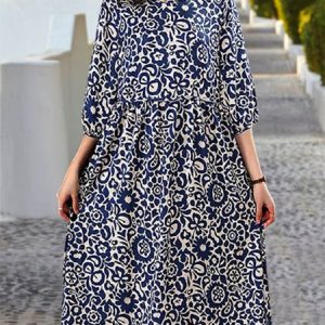 Women Floral Crew Neck Three Quarter Sleeve Comfy Casual Midi Dress, Midi, color:Blue|size:3XL, Noracora