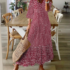 Loose Casual Disty Floral V Neck Dress, Maxi, color:Red|size:XXL, Noracora