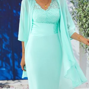 Elegant Plain Lace Stitching Vest Knitted Dress & Cardigan Two-piece Set, Dresses, color:Black|size:XXL, JustFashionNow