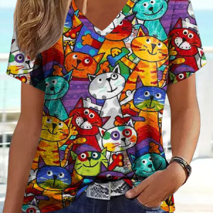 Women's Funny Cat Casual V Neck Loose T-Shirt, color:Orange|size:XXL, Lilicloth.com