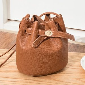 Urban Casual Leather Imitation Drawstring Twist Lock Bucket Bag Messenger Bag Women, Bags, color:Brown|size:One-size, Stylewe
