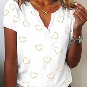 V Neck Vacation Heart/Cordate Loose T-Shirt, T-shirts, color:White|size:XXL, Noracora