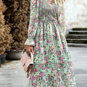 Women Floral V Neck Long Sleeve Comfy Vintage Midi Dress, Midi, color:Green|size:XL, Noracora