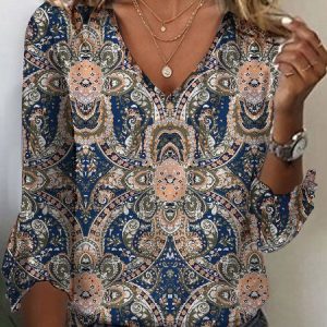 Casual Ethnic V Neck Three Quarter Sleeve T-shirt, T-shirts, color:Blue|size:XXL, catalog Noracora shop