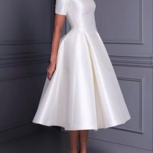 Elegant Crew Neck Plain Regular Fit Midi Dress With No Belt, Midi Dresses, color:White|size:XXL, Stylewe
