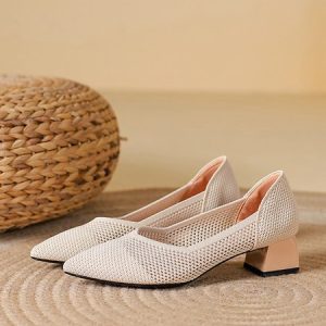 Contrasting Plain Color Leopard Print High Elastic and Comfortable Flying Woven Cchunky Heel Pointed Shoes, Heels, color:Apricot|size:40, Stylewe