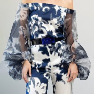 Vacation Abstract Cold Shoulder Regular Fit Shirt, Blouses and Shirts, color:Blue|size:XXL, Stylewe