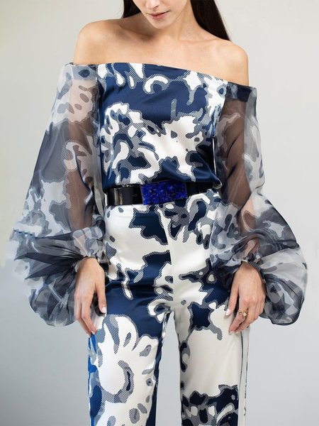 Vacation Abstract Cold Shoulder Regular Fit Shirt, Blouses and Shirts, color:Blue|size:XXL, Stylewe