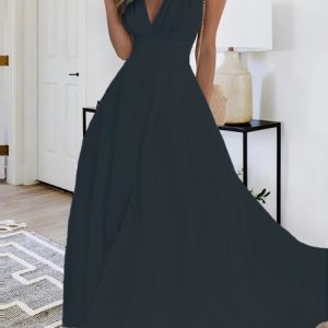 V Neck Loose Plain Elegant Dress, Formal Dresses, color:Black|size:XXL, JustFashionNow
