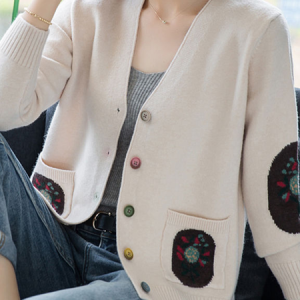 Women Floral Pattern Long Sleeve Comfy Casual Buckle Cardigan, Cardigans, color:Off White|size:4XL, Noracora