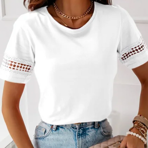 Plus Size Lace Casual Jersey Loose T-Shirt, T-Shirts, color:White|size:4X, JustFashionNow