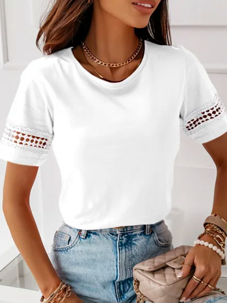 Plus Size Lace Casual Jersey Loose T-Shirt, T-Shirts, color:White|size:4X, JustFashionNow