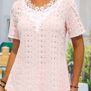 Casual Loose Lace Hollow Summer Shirt, Shirts & Blouses, color:Light Pink|size:XXL, JustFashionNow