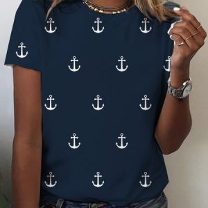 Casual Anchor Loose T-Shirt, T-Shirts, color:Blue|size:XXL, JustFashionNow
