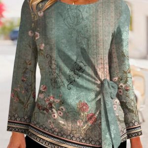 Ethnic Crew Neck Casual Loose Shirt, Shirts & Blouses, color:Green|size:XXL, JustFashionNow