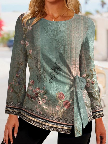 Ethnic Crew Neck Casual Loose Shirt, Shirts & Blouses, color:Green|size:XXL, JustFashionNow