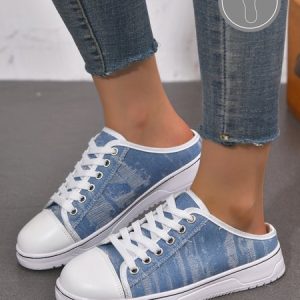 Casual Distressed Denim Lace-Up Decor Mule Shoes, Sneakers, color:Blue|size:43, JustFashionNow