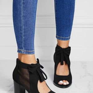 Elegant Bowknot Mesh Peep-Toe Chunky Heel Sandals, Heels, color:Black|size:41, Stylewe