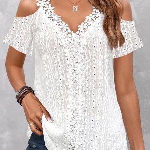 Elegant Lace Cold Shoulder V Neck Shirt, Shirts & Blouses, color:White|size:XXL, JustFashionNow