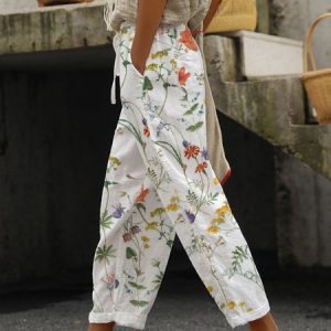 Floral Loose Casual Pants, Pants, color:White|size:XXL, JustFashionNow