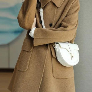 Shawl Collar Long Sleeve Plain Buckle Heavyweight Loose Coat For Women, Coats, color:Khaki|size:3XL, Noracora
