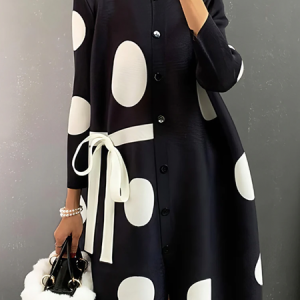 Polka Dots Stand Collar Three Quarter Sleeve Urban Loose Short Dress With Belt, Midi Dresses, color:Black|size:XXL, Stylewe