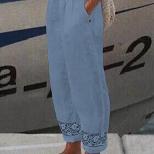 Casual Linen Lace Pants, Pants, color:Blue|size:XXL, JustFashionNow
